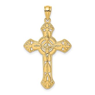 Diamond2Deal 14k Yellow Gold Textured Crucifix with Floral Tips Charm Pendant