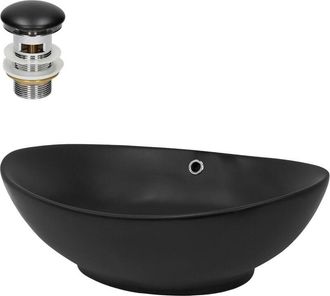 ML Design Ml-design - Lavabo Sobre Encimera, 59x38x19 cm, Cerámica, Pila Con Tapón de Desagüe Incluido, Diseño Ovalado Moderno, Lavadero Negro Mate, Lavamanos