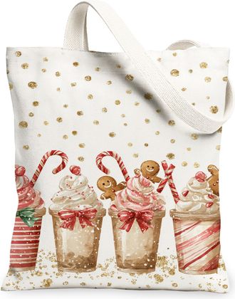 Generic Christmas Sweets Canvas Tote Bags, Holiday Treats Design Reusable Grocery Bags, Vintage Lightweight Washable Shoulder Strap, White, 13x15 Inch