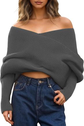 Generic Womens Knitted Jumpers Off Shoulder Sweater Scarf Soft Comfort Warmth Pullover Sweaters Ladies Spring Autumn Winter Fitted Jumpers for Women Classic P