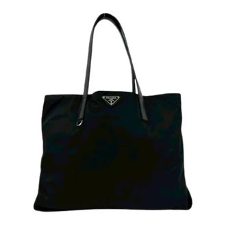 Prada Pre-owned Tote Bags, female, Black, Size: ONE SIZE Pre-owned Tessuto Nylon Leather Tote Bag