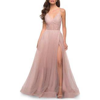 La Femme A Line Tulle Prom Dress with Sheer Bodice in Dusty Mauve at Nordstrom, Size 16