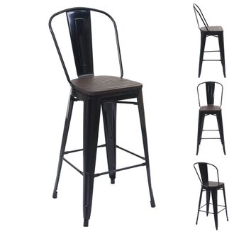 Hhg Hhg - Set 4x Sgabelli Con Schienale Bistrot Design Industriale 778 Legno Metallo Verniciato Nero