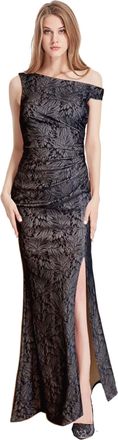 Angel Fashions Womens Elegant Black Lace Evening Gown Off-Shoulder High Slit, Perfect for Banquets and Special Occasions Size 12