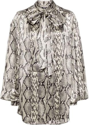 Balmain Zijden overhemd met pythonprint en strik - Dames - Overhemden - Grijs - XS - Overhemden