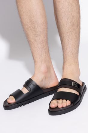 Ferragamo Leather Slides, Mens, Black