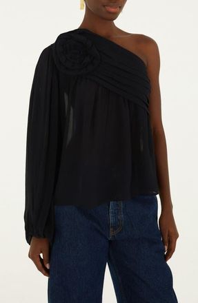 Farm Rio Black Rose One-Shoulder Top at Nordstrom, Size Xx-Small