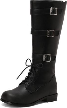 Generic Womens Retro Knee High Boots with Multi Buckles Lace Up Faux Leather Like Comfortable Slip Resistant Durable for Casual Daily Streetwear Fall Winter,B