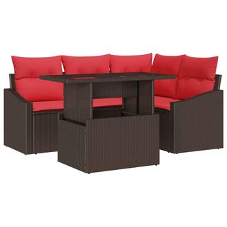 vidaXL Conjunto De Sof&aacute; De Jard&iacute;n 5 Uds. Marr&oacute;n Y Rojo Rat&aacute;n Sint&eacute;tico Vidaxl