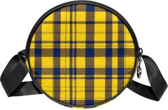 Generic Circle Crossbody Bag for Women, Yellow Retro Plaid Small Sling Bag Daypack with Zipper Adjustable Shoulder Straps Casual Ladies Girls Round Purse