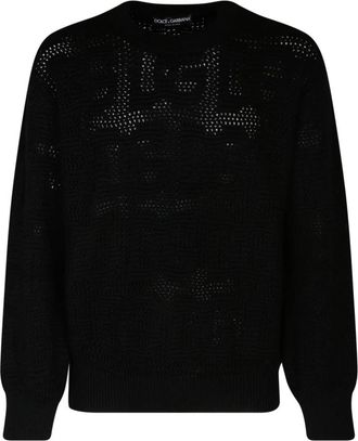 Dolce & Gabbana Zwarte Logo Jacquard Wollen Trui - Heren - Ronde hals truien - Zwart - M - Wol - Truien & Vesten