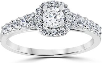 Pompeii3 3/4CT Cushion Halo Round Diamond Engagement Ring 14K White Gold Size Selectable