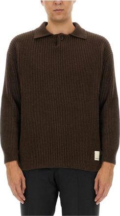 Emporio Armani Geribbelde Gebreide Polo Trui - Heren - Ronde hals truien - Bruin - XL - Truien & Vesten