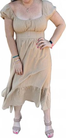 Blu Pepper Front Half Button Short Sleeve Midi Dress In Light Khaki