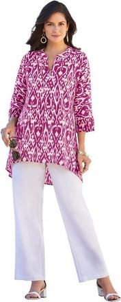 Jessica London Hi-Low Linen Tunic in Raspberry Brushed Tribal at Nordstrom, Size 32