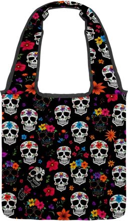 Generic Sugar Skull Florals Reversible Canvas Shoulder Tote - Double-Sided Print, 12oz Cotton, 27cm Drop, Fold-Flat Bag for Travel, Shopping, Street Outings