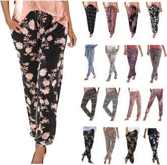 Generic Summer Boho Womens Beach Trousers - Drawstring Elasticated Waist Lounge Pants with Vintage Floral Print Linen Fabric - Baggy Harem Hippie Pants with P