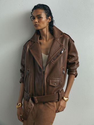 Ismad London Grained-leather Oversized Biker Jacket, Chestnut Brown, 14