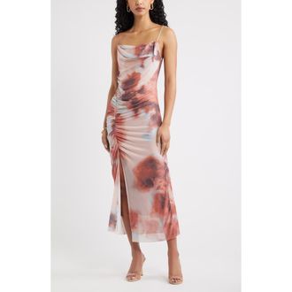 Open Edit Mesh Maxi Dress in Brown Blue Watercolor at Nordstrom, Size Xx-Small
