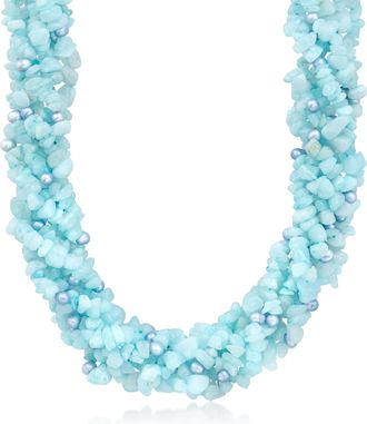Ross-Simons 5-6mm Blue Cultured Pearl and Milky Aquamarine Torsade Necklace With Sterling Silver
