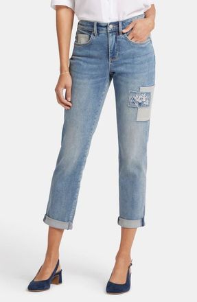 NYDJ Margot Embroidered Patch Girlfriend Jeans in Indigo Stream at Nordstrom, Size 2P