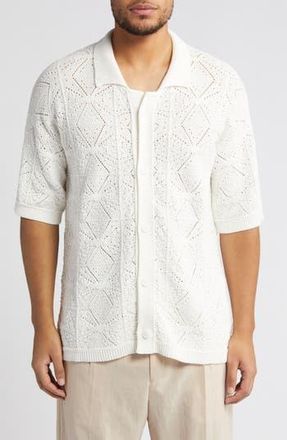 HUGO BOSS Sammp Short Sleeve Knit Button-Up Shirt in Open Wht at Nordstrom Rack, Size Xx-Large