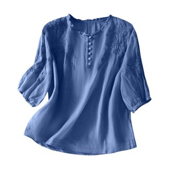 Generic Womens Vintage Bohemian Linen Blouses Tunic Bohemian Style Crewneck Floral Embroidered Tops Summer Indian Ruffle Shirt Trendy Loose Fit Casual Lace Bo