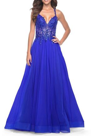 La Femme Tulle A-Line Gown with Sheer and Beaded Lace Detail in Royal Blue at Nordstrom, Size 10