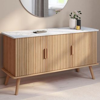 IDMarket Aparador Juliette 110 Cm, Encimera Efecto M&aacute;rmol, 3 Puertas De Lamas, Lamas De Madera Color Roble
