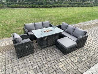 Fimous Rattan Outdoor Furniture Gas Fire Pit Dining Table Gas Heater Reclining Chair 3 Seater Sofa Sets with Big Footstool 8 Seater in Dark Grey