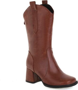 Generic Womens Cowgril Mid Calf Boots Square Toe Chunky Block Heel Pull On Winter Casual Versatile Shoes (7.5,Brown)
