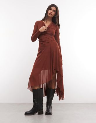 AllSaints Loria vestito midi in rete con maniche lunghe, arricciato e plissettato, marrone ruggine