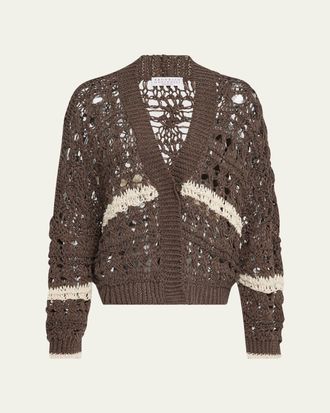 Brunello Cucinelli Stripe Cotton-Jute Open Knit V-Neck Cardigan
