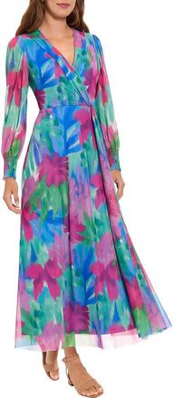 London Times Long Sleeve Mesh Maxi Dress in Pink/Blue at Nordstrom Rack, Size X-Large