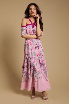 Oasis Womens Petite Bow Detail Halter Neck Bardot Dress - Pink - Size 12 UK