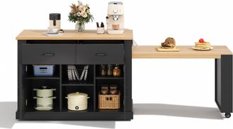 STILVORA Carro De Cocina Con 2 Puertas 2 Cajones Mesa Extensible Tomas Usb Y Ruedas, Mdf, 132(235) X 70 X 90 Cm, Negro