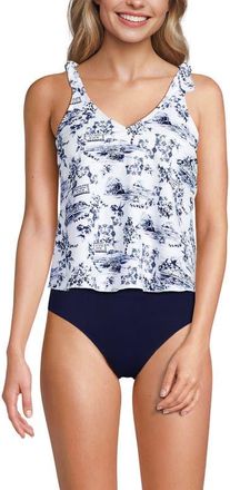 Lands End Chlorine Resistant V-neck Shoulder Tie Flutter Tankini Swimsuit Top in White/blue Toile at Nordstrom, Size 2