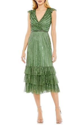 Mac Duggal Womens Sequined Wrap Over Cap Sleeve Ruffle Hem Dress in Sage at Nordstrom, Size 10