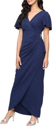 S.L. Fashions Glitter Flutter Sleeve Gown in Navy at Nordstrom, Size 12P