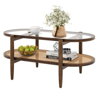 Costway Costway 2-Tier Coffee Table Rattan Center Cocktail Tea Table Tempered Glass Tabletop in Brown