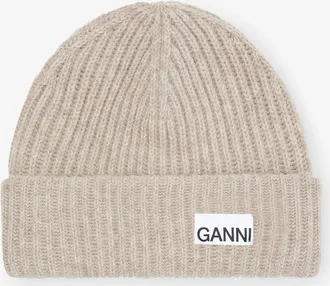 Ganni Beige Sand Fitted Wool Rib Knit Beanie