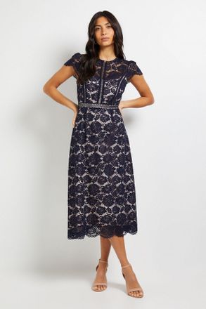 Wallis Womens Lace Fit And Flare Midi Dress - Navy - Size 22 UK