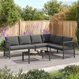 Direct Wicker 5-6 Seater Garden L-Shaped Rope Corner Sofa Set with Glass Table in Dark Grey | Size: 6 Person