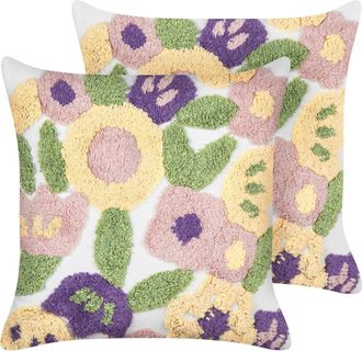 Beliani Conjunto De 2 Cojines Decorativos De Algod&oacute;n Con Motivos Florales Cuadrados 45 X 45 Cm Funda Extra&iacute;ble Multicolor Tricornio