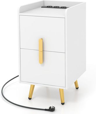 Costway Costway - Mesita De Noche Con Estaci&oacute;n De Carga, 2 Puertos Usb Y 3 Salidas, Mesillas De Noche Dormitorio Con 2 Cajones, Mesa De Noche Dormitorio Sala,