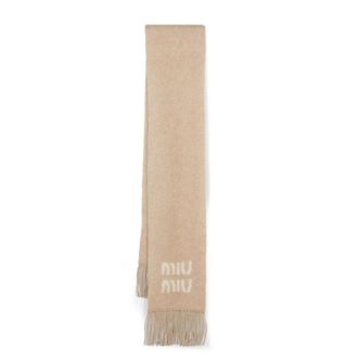 Miu Miu Geborsteld Beige Gebreide Sjaal met Logo - Dames - Accessoires - Beige - Maat: ONE Size Mohair