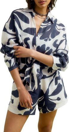 Vitamin A Playa Oversize Linen Cover-Up Shirt in Night Flower at Nordstrom, Size Medium