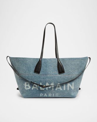 Balmain Track Shoulder Bag in Denim and Calfskin Leather