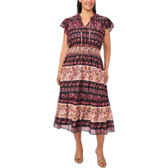 CeCe by Cynthia Steffe Mixed Print Tie Neck Dress in Rich Black/Pink at Nordstrom, Size 3 X