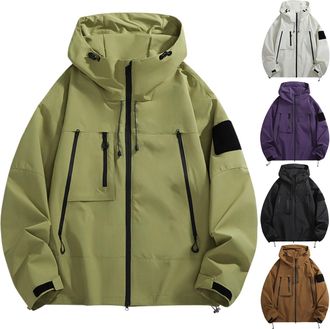 Generic Mens Outdoor Waterproof Jackets Smart Casual Hooded Windbreaker Jacket Long Sleeve Showerproof Casual Jackets Zip Pocket Baggy Rain Jacket Travel Walk